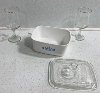 (2) Winter Scene Wine Goblets, Pyrex Casserole Dish With Lid