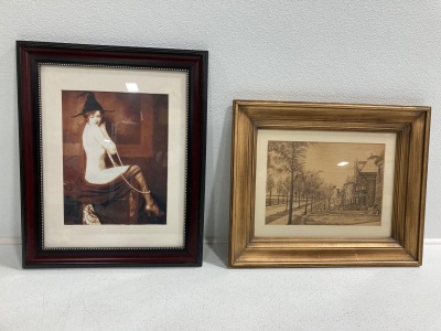 Framed Pencil Drawing-Old Chicago Neighborhood, Framed Vintage Picture- New Orleans Nude Witch