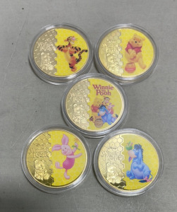 (5) Disney Winnie The Poo Gold Plated Collectible Coins