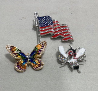 (1) Large USA Flag Pin, (1) Beautiful Multicolored Butterfly Pin, (1) Fancy Dancing Bug Pin