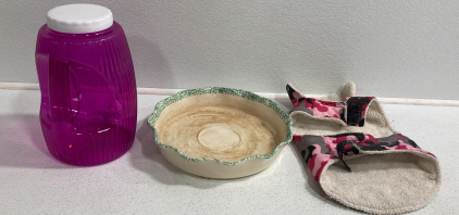Pink Plastic Sun Tea Container, Ceramic Plant Bowl, Camo Dog Jacket