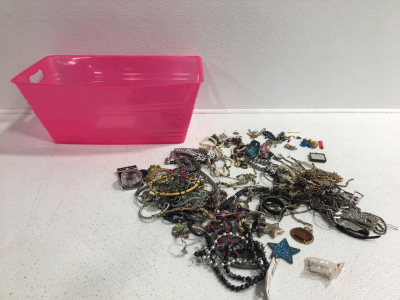 Pink Tub Full Of Costume Jewelry And Other Various Items