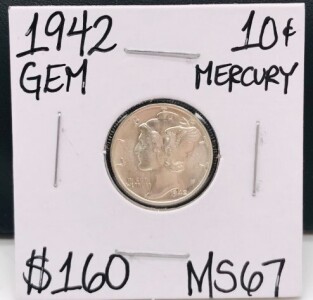 1942 MS67 Gem Mercury Silver Dime