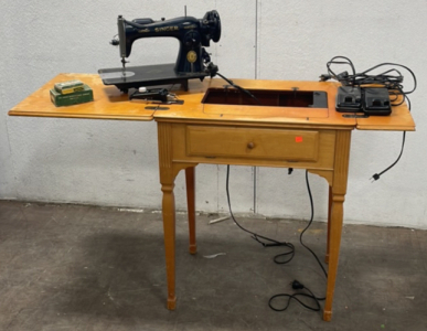 (1) Singer Sewing Machine, (1) Singer Buttonholer, (1) Sewing Machine Table w/ Stool