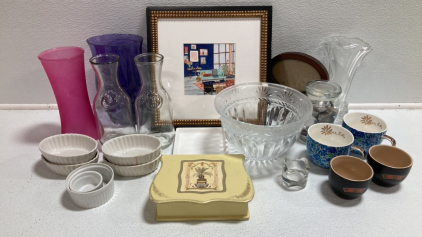 Framed Apartment Painting, (3) Vases, (2) Milk/Juice Glasses, Round Frame, (2) Matching Mugs, (2) “Mine” “Yours” Baileys Cups, Glass Bowl, (6) Ramekins, and more