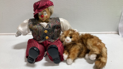 Porcelain Clown Doll, Stuffed Cat Toy