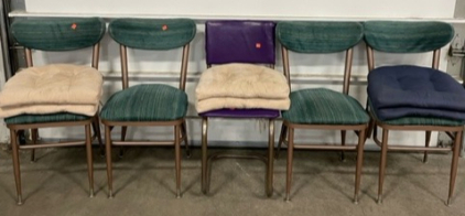 (4) Matching Metal Framed Dining Chairs (1) Metal Framed Chair W/ Purple Lining (6) Chair Pads