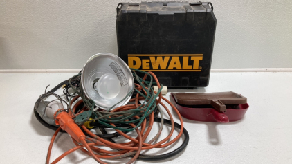 DeWalt Toolbox, (2) Extension Cords, (2) Work Lights, (2) Dust Pans