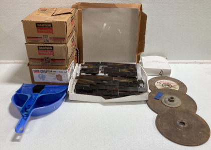 (3) Box of Sheathing Clips, Backsplash Tile, Wax Ring, (3) Masonry Discs, (2) Dust Pans