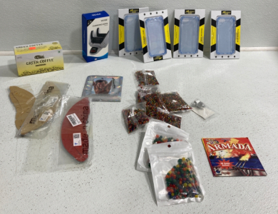 (4) Phone Cases, (8) Packs Of Water Beads, Air Freshener, Green Tea, Charging Dock, Wall Stickers, 3D Game