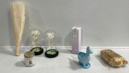 (2) Gold Roses In Glass Cases, Candle, Artificial Flowers, Reed Difusher, Dinosaur Staue, Curtain Tassels