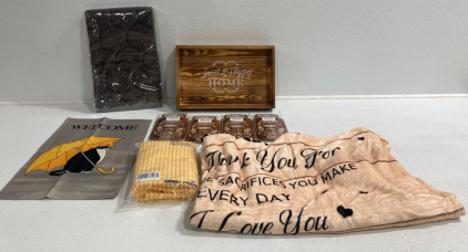 Welcome Sign, Dad Blanket, Bath Rug, Wooden Platter, (4) Coffee Signs, Throw Pillow Covers