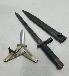 (1) WWII M38 Mauser Bayonet Adapted To Fit M1 Garand W/ Sheath, (1) WWII Scissor Action German Paratrooper Knife W/ German Inscriptions On The Scales