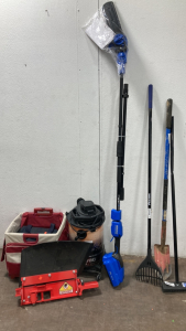 Kobalt 10&rdquo; Pole Saw, Mini Rake, Drain Spade, Mini Brush Broom, Riding Mower Attachment, Shop Vac, Alpine Electronic Clean Box, Rolling Cart