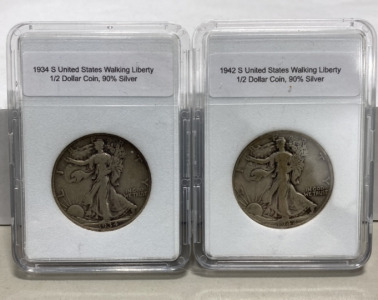 (1) 1934 S United States Walking Liberty 1/2 Dollar Coin 90% Silver, (1) 1942 S United States Walking Liberty 1/2 Dollar Coin 90% Silver