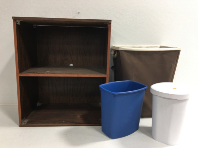 2 Tier Book Shelf, (2) Small Trash Cans, Laundry Basket