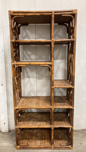 Tall Wood and Wicker Shelf Unit