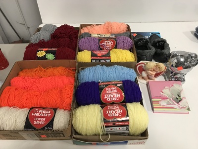 (4)Boxes of Yarn Slippers Knick Knacks