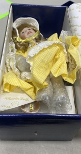 (1) Children From Mother Goose Porcelain Vintage Doll NEW IN PACKAGE In A Yellow SunDress