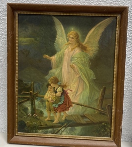 (4) Vintage Coca-Cola Trays, (1) Vintage Angel and Children Painting In Brown Frame