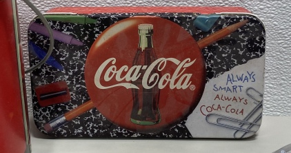 (1) Light Blue Polar Bear Winter Themed Drink Coca-Cola Vintage Bucket, (1) TY The End Bear Vintage In Original Packaging, (1) Coca-Cola Themed Vintage Pencil Case, (1) vintage Red Coca-Cola Ice Bucket With Lid