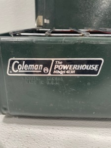 (1) Coleman Powerhouse Table Top Camping Stove (1) Camping Kettle (1) Eagle Claw Titanium Fishing Pole (1) Vintage Bait Canteen (1) Personal Cooler/Insulated Lunchbox