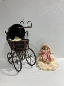 Porcelain Doll With Pillow, Blanket And Buggy