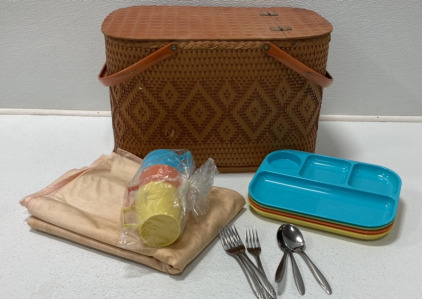 Vintage Picnic Basket And Dishes