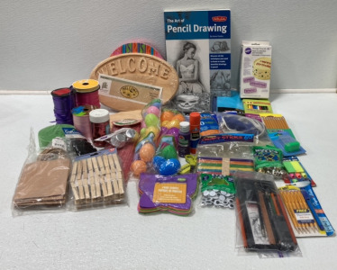 Various Craft And Party Supplies Including A Hot Glue Gun w/ Glue Sticks, DIY Wooden Plaques, Pencils(Graphite and Colored), Ribbon, Disposable Table Cloths and More!