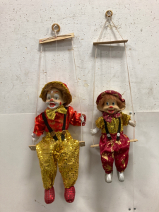 Colorful Porcelain and Cloth Clown Doll on Wooden Swing