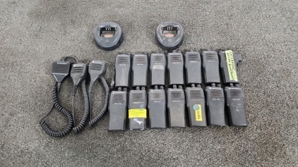 14 Motorola Radius cp200 Radios, 2 Chargers, & 3 Walkie Talkie Mics