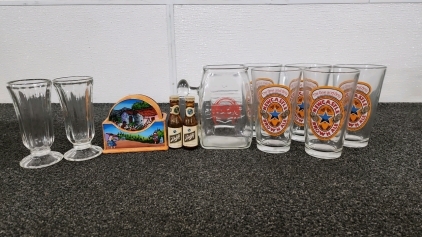 Assorted Glass Cups, Salt & Pepper Shakers, & Cup Holsters