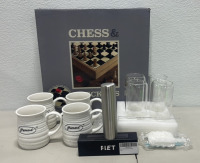 (1) Chess And Checkers Set, (2) FLET Stainless Steel Tumblers, (4) Can Shaped Beer Glasses W/ Four Glass Straws, (4) Hemind Coffee Cups