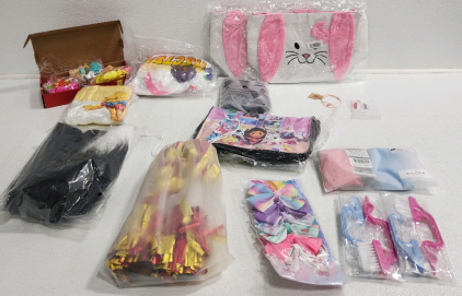 (2) Bunnie Totes, Barbie& Accessories, Inflatable Unicorn, Fox Tail, Poms Poms, Hair Bows And More