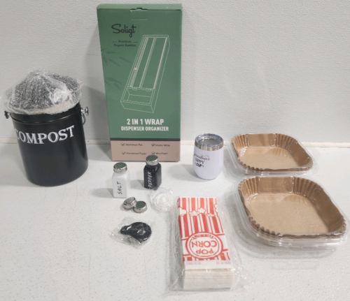 Compost Bin, Salt&Pepper Shakers,Popcorn Bags, Dispenser Organizer, Grandmas Sippy Cup, (2) Air Fyer Paper