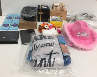 (1) Pink Fluffy Cowboy Hat (1) Large super Soft Boyfriend Blanket (4) Mildsun Sneaker Charm Sets (1) Car Ashtray (1) Decorative Fence Light and Everything Else Pictured!!