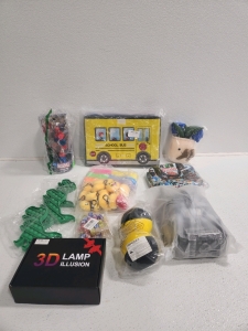 (3) Dinosaur Fidget Toys, School Bus Toy Bins, (2) Spider Man Fana, 3D Lamp, Costume, Easter Eggs, Roblox Lunch Pale, Dice, Plush Toy