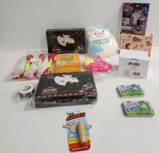 (2) Blaster Guns, Plush Toys, Animal Figures, Valentines Day Cards And More