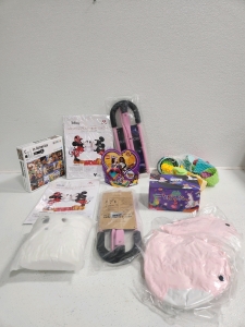 Puzzle, (3) Plush Toys, (2) Minnie Mouse Pop-Ups, Legos, (2) Bike Balance Assistance, Sand Toys, Sensory Toys