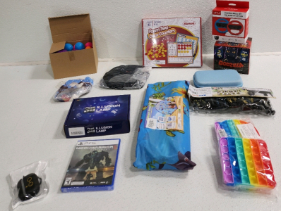 PS5 Game, 3D Lamp, (2) Plush Toys, (2) Fidget Toys, Pre-Filled Easter Eggs, Foam Counters, Steering Wheel Set, Godzilla Toy, Army Men, Play Tent And More