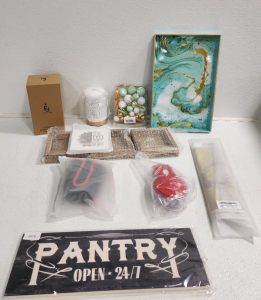 Decorative Tray, Party Sign, (2) Oil Diffushers, (3) Frames With Pictures, Cherry Pitter, Diamond Painting, Ball Decor