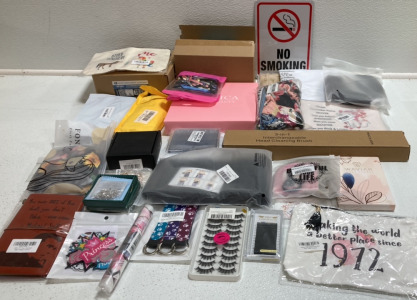 False Lashes, Face Masks, Various Jewelry, No Smoking Sign, Headbands, Wigs and Hair Extensions, Novelty Travel Bags, and more