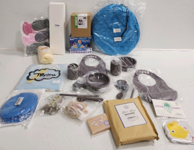 Baby Water Play May, (2) Baby Feeding Sets, Gown Sleepers, Baby Shower Game, Pump, Squeeze Feeding Set, Baby Hangers, Mittens And More