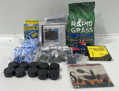 (2) 5.6lb Bag Of Rapid Grass Turf Builder (2) Oxygen Sensors (2) Yellow Sticky Traps (6) Outdoor Window Air Conditioner Cover (3) Adjustable Furniture Pegs (2) Mip Head Replacement (1) Sticky Buddy and More