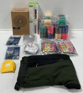 (1) Personal Table Top Fan (1) Men&rsquo;s Ski and Snow Pants (6) Sports Tape (2) Soft Foam Ear Plugs (2) Toe Warmers (1) Ankle support Wrap (2) Breathing Fitness Exerciser (1) Sports Bandana (1) Bike Disk Brake Pads