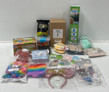 (1) Children’s Pogo Stick (1) Giant Bubble Kit (1) Animal Painting Kit (1) Building Links (1) Prop Money (2) Ogre Ears For Crocs (1) Talking Plush Sonic Toy (1) Baby Food Catching Mat (1) Baby Suspender Set (1) Plush Baby Toys and More