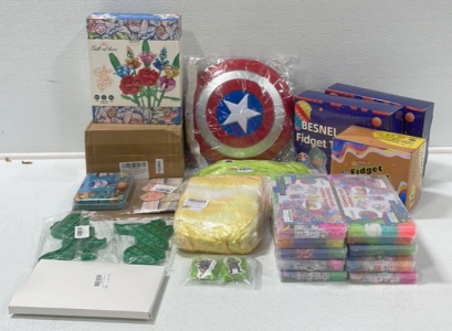 (1) Kids Inflatable Swimming Toys (1) Build Your Own Bouquet (1) Captain America Costume W/ Shield (1) Sonic Throw Blanket (1) Plush Frog Toy (3) Fidget Toys (10) Colored Rubber Band Jewelry Making Kit (1) Shrek Ears For Crocs and More Children’s Items