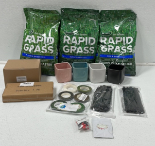 (3) 5.6lb Bag Of Rapid Grass Turf Builder (1) 4-pcs Ceramic Garden Pots (1) 6-pack Gardening Stem Tape (2) Zip-Ties (1) Lotus Seeds (1) Wind Chimes (1) 5-pack PVC Elbows