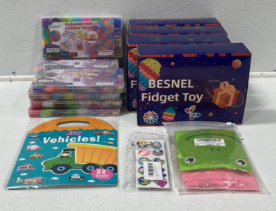 (9) Colored Rubber Band Jewelry Making Kit (4) Besnel Fidget Toys (1) My First Sticker Book-Vehicles (1) 20-pcs Sonic Crocs Charms (1) Set Of 2 SeaShell/Rock Bags