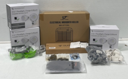 (3) 3-in-1 Fllodlight, Charger & Mount for Wyze Cam V3 (1) Electrical Mosquito Killer (1) Work Gloves (1) Sprout Caps (2) Various PVC Pieces (2) Grub Screws and More